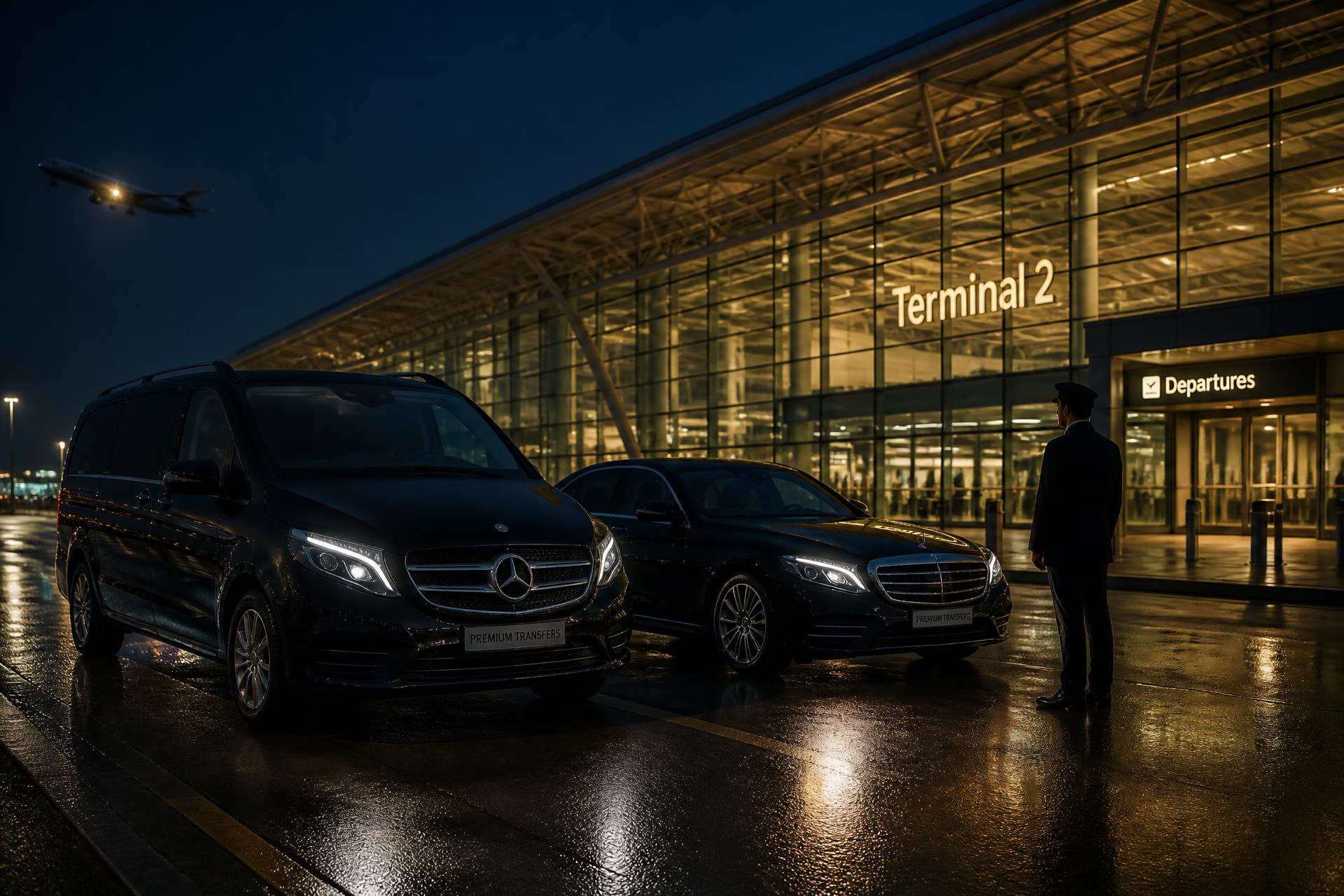 Luxewagens van Airport Service Dorine voor de terminal bij avond